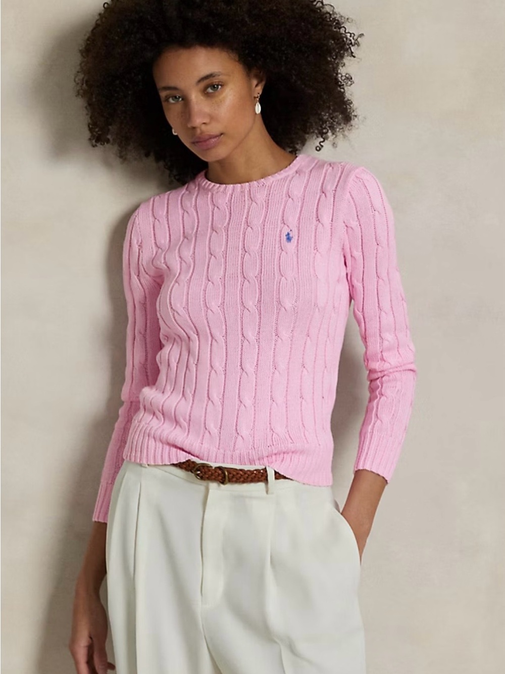 Polo by Ralph Lauren Light Pink Cable-Knit Crewneck Sweater